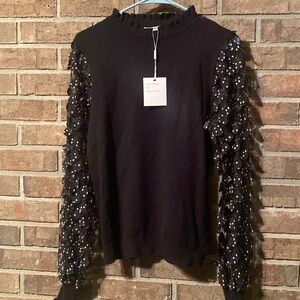 Lightweight black sweater with see thru polka dot sleeves size small